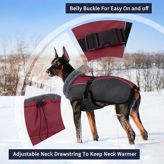 IECOii Extra Warm XXL Dog Coat - Reflective, Adjustable Dog Jacket for Cold Weather Outdoor, Waterproof Windproof Dogs Winter Jacket with Soft Fleece, Machine Washable for Large Dogs, Burgundy, 2XL
