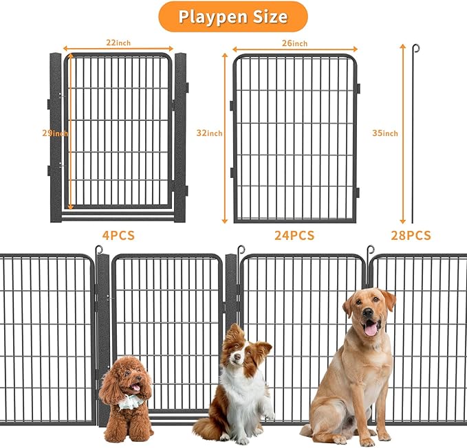 Dog Playpen with Low Threshold Gate, 32 inch 28 Panels Dog Fence, Heavy Duty Metal Puppy Exercise Dog Pen, Rust-Resistant Outdoor Pet Fence for Yard RV Camping