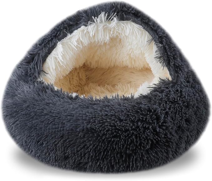 Cat Beds for Indoor Cats,Cat Cave for Puppy and Kitty,Calming Small Dog Bed for Small Dogs with Cover Cave,Cozy Warming Fluffy Washable Anti-Slip Pet Sleeping Bag(24 * 24inch,Dark Gray)