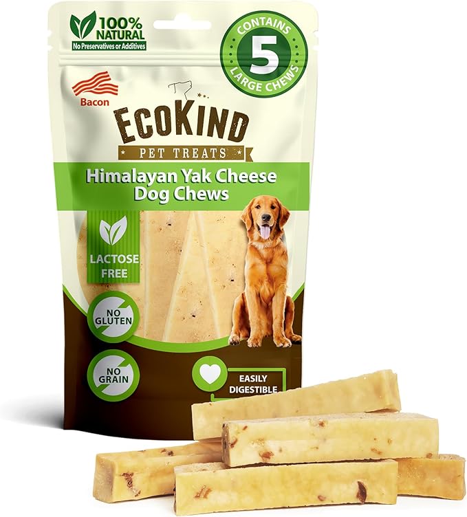 EcoKind Premium Gold Yak Cheese Himalayan Dog Chews, Dog Treats Large Breed, All Natural, High Protein Dog Chew, Bacon, Large - 5 Chews