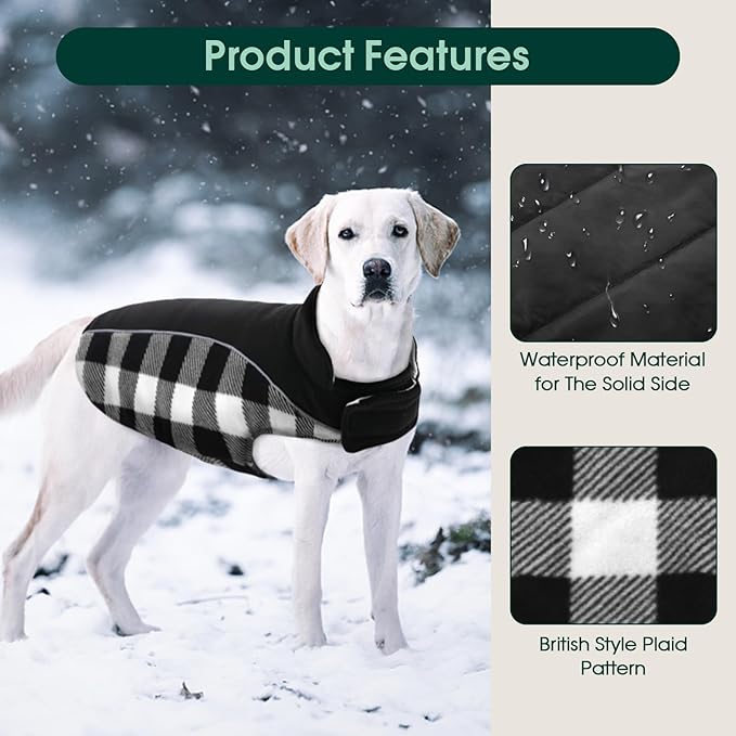 Kuoser Dog Winter Coat, Reversible Waterproof Dog Jacket with Reflective Strip, Warm Dogs Fleece Vest Adjustable Doggy Cold Weather Clothes Plaid Christmas Outfit Pet Apparel for Small Dogs, Black XS