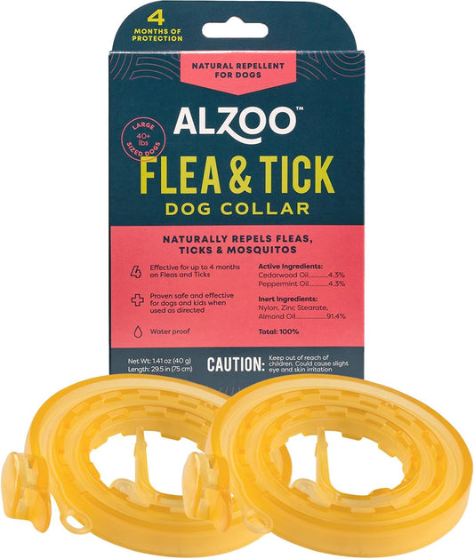 ALZOO Natural Flea & Tick Dog Collar - Helps Repel Fleas, Ticks & Mosquitoes - 100% Plant-Based Active Ingredients - Waterproof - Up to 4 Months Protection - Large-Sized Dogs: 40+ lbs - Pack of 2