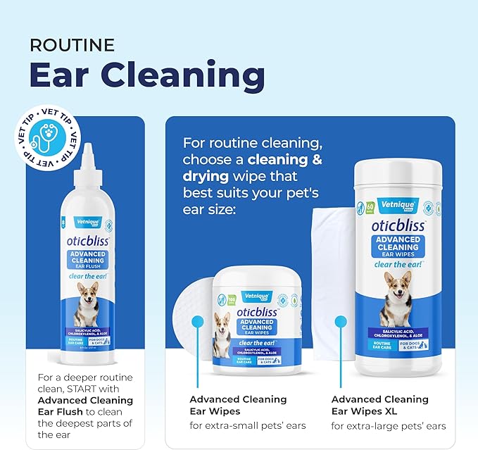 Vetnique Oticbliss Cat & Dog Ear Cleaners: Medicated Dog Ear Drops for Infection, Antiseptic Flush, & Wipes to Reduce Itchy Ears & Head Shaking - Vet Recommended for Itchy Ears (8oz, Flush)