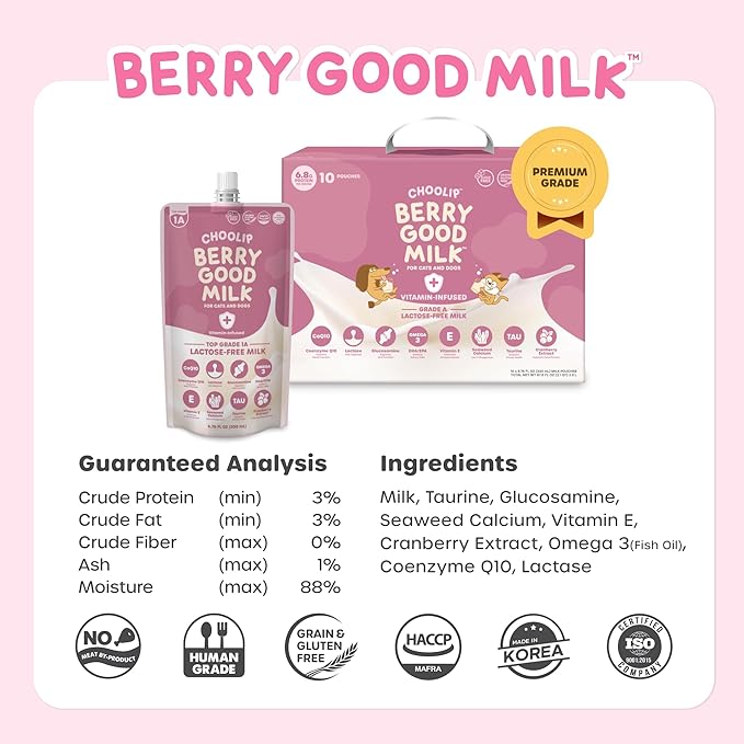 Berry Good Milk is a Lactose-Free, Vitamin-Infused Drink for Cats and Dogs. It Supports Urinary Health, Digestion, and Joint Function. Free from antibiotics, Grains, and Gluten.