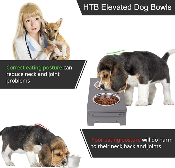 HTB Elevated Dog Bowls,Raised Dog Bowl Stand with 2 Stainless Steel Bowls,Elevated Raised Pets Bowls for Large Medium Small Sized Dogs