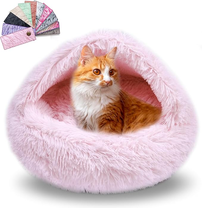 Cat Beds for Indoor Cats,Cat Cave for Puppy and Kitty,Calming Small Dog Bed for Small Dogs with Cover Cave,Cozy Warming Fluffy Washable Anti-Slip Pet Sleeping Bag(20 * 20inch,Light Pink)