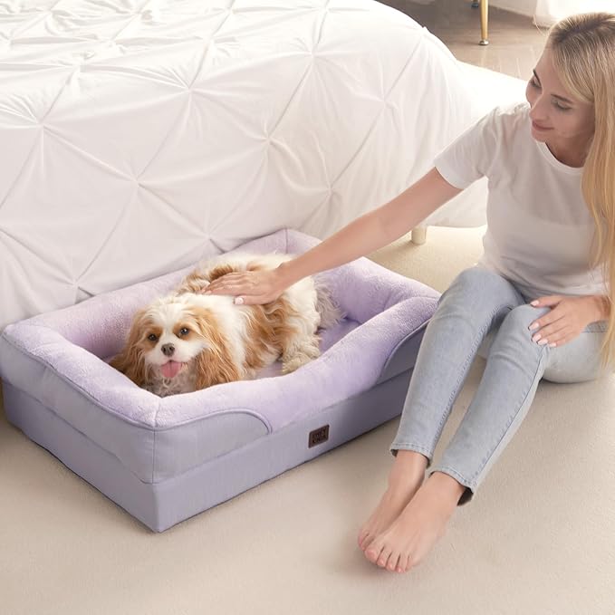 EHEYCIGA Memory Foam XL Dog Bed for XLarge Sized, Extra Large Orthopedic Dog Sofa with Sides and Waterproof Liner, Washable Bolster Pet Couch with Removable Cover, 42x30x7.5 Inch, Purple