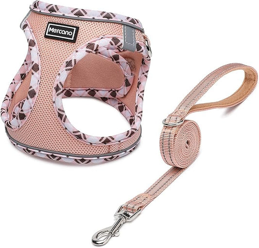 Mercano Soft Mesh Dog Harness and Leash Set, No-Chock Step-in Reflective Breathable Lightweight Easy Walk Vest Harnesses with Safety Buckle for Small Dogs, Cats (Champagne, XL)