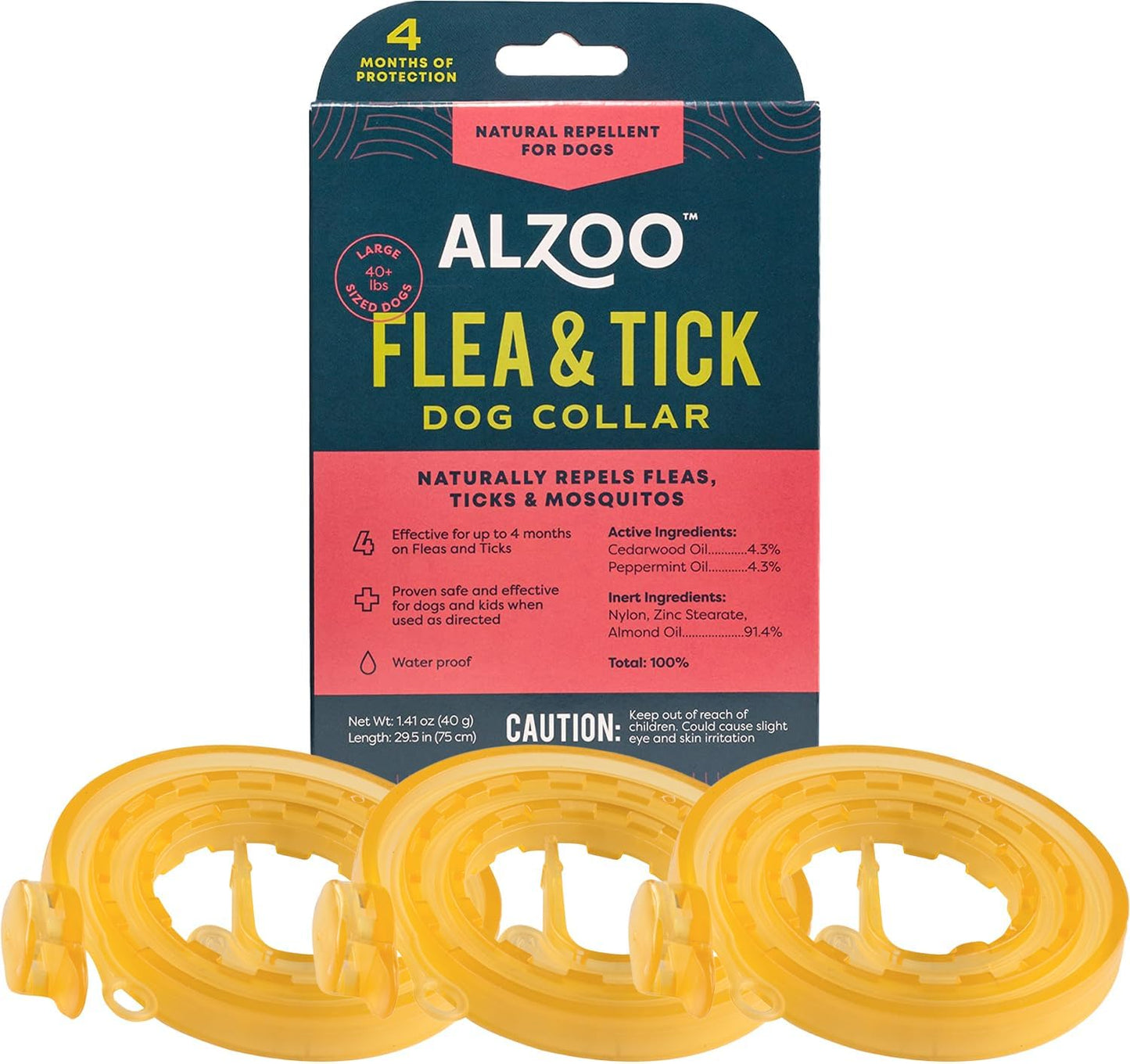 ALZOO Natural Flea & Tick Dog Collar - Helps Repel Fleas, Ticks & Mosquitoes - 100% Plant-Based Active Ingredients - Waterproof - Up to 4 Months Protection - Large-Sized Dogs: 40+ lbs - Pack of 3