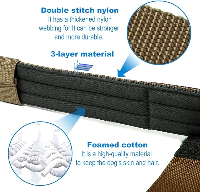 TSPRO Tactical Dog Collar, Adjustable, with Patch & Double Needle Metal Buckle, Heavy Duty for Medium to Large Dogs, Durable for Walking, Running, Hiking & Training (Khaki M+)