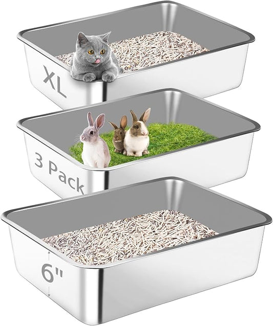 Stainless Steel Litter Box, 3 Pack 23.6" X 15.7" X 5.9" XL Metal High Sided Cat Litter Pan, Extra Large Stainless Steel Box Splash-Proof and Non-Stick Cat Poop Box odorless