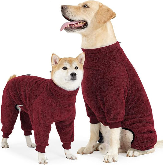 Dog Winter Coat: Warm Fleece Pullover Jumpsuit, Windproof, Full Body Pajamas Onesie - Medium/Large (Red)