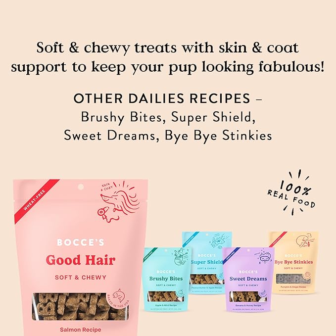 Bocce's Bakery Dailies Good Hair Dog Treats for Skin & Coat Support, Wheat-Free Dog Treats, Made with Real Ingredients, Baked in The USA, All-Natural Soft & Chewy, Salmon Recipe, 6 oz