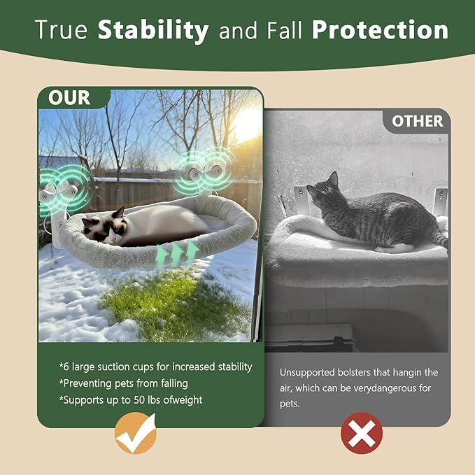 Cat Window Perch with 6 Strong Suction Cups,Mats That can be Switched Between Winter and Summer,Foldable Cordless Cat Beds Can Bear 50LBS Weight (White)