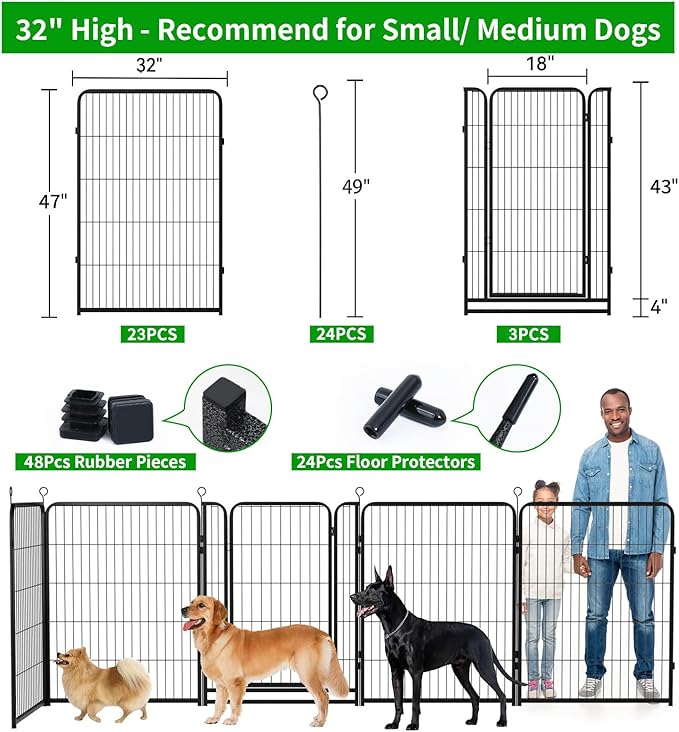 Dog Playpen Outdoor Extra Wide 24 Piece Panels Heavy Duty Dog Fence 47" Height Anti-Rust with Doors Portable for RV Camping Yard, Total 63FT, 316 Sq.ft, Snowy Black