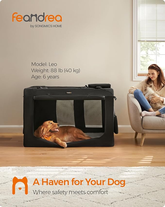 Feandrea 48 Inches Collapsible Soft Dog Crate, Portable Travel Dog Crate for Indoor and Outdoor Use, Dog Carrier Kennel with Safety Zippers, for Living Room, Car, Travelling, Camping, Black UPDC12H