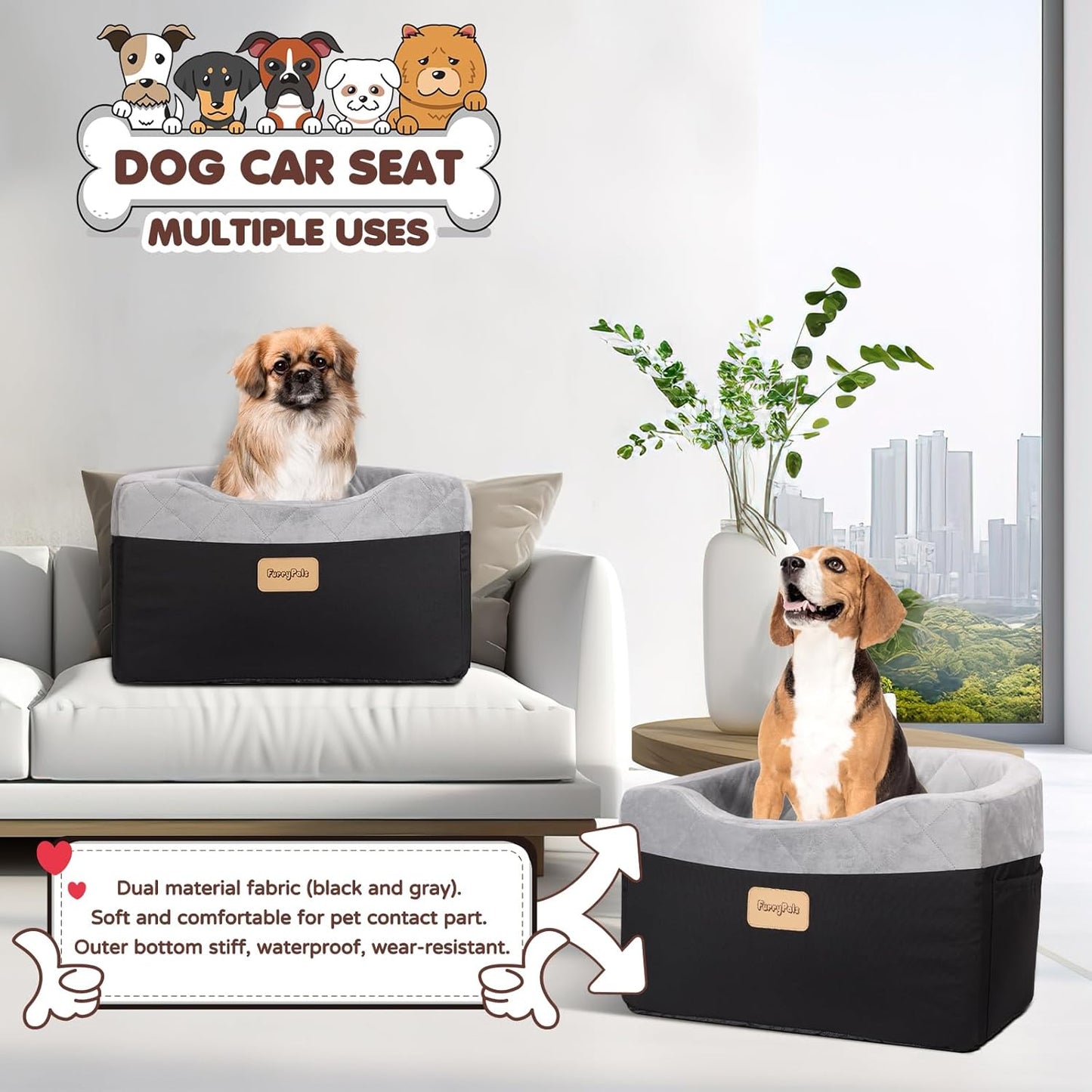 Dog Car Seat for Small/Medium Dogs, Memory Foam Dog Booster Seat with Washable Removable Cover, Storage Pockets and Thick Cushion, Black Part is Waterproof and Abrasion-Resistant