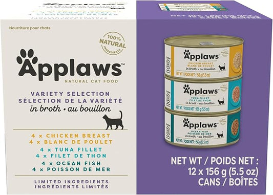 Applaws Natural Wet Cat Food in Broth, Limited and Natural Ingredients, High Protein with No Artificial Additives, Variety Pack in Broth (12 x 5.5oz Cans)