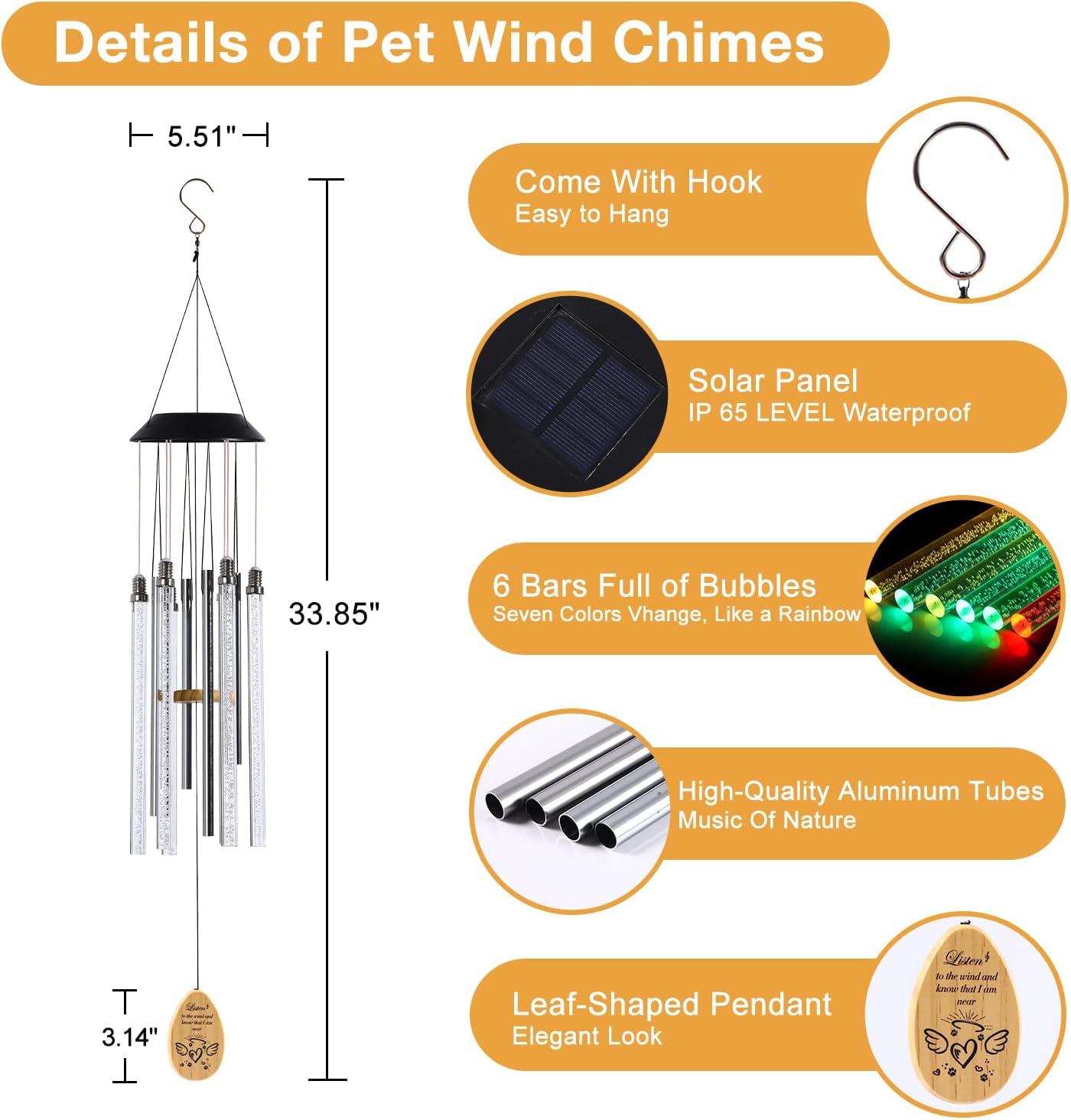 Solar Pet Memorial Wind Chime, Dog Memorial Gifts for Loss of Dog, Rainbow Bridge Pet Memorial Gifts, Loss of Dog Sympathy Gift, in Memory of Dog, 6 LED Tubes Color Changing Rainbow, 33"