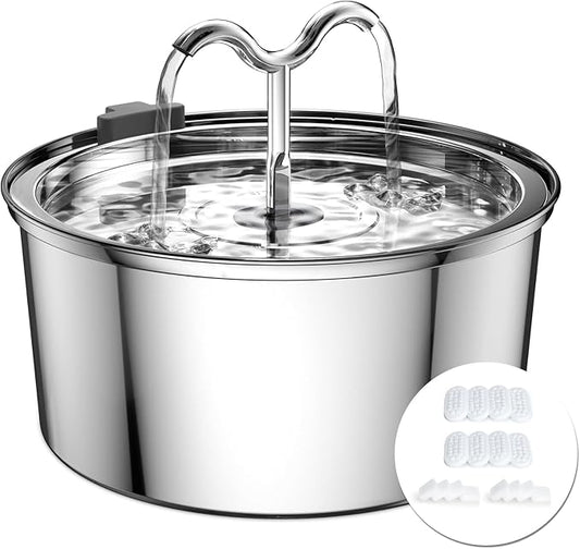 DOOOB Cat Water Fountain, 3.2L/108OZ Stainless Steel Pet Water Dispenser Automatic Metal Dog Drinking Fountains Water Bowl with 8 Filters & 8 Sponges and Ultra-Quiet Pump