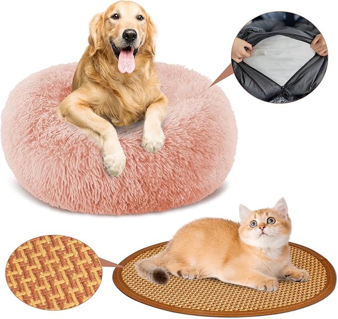 Calming Donut Dog Bed Medium Size Removable Cover + 2 PCS Cooling Rattan Pet Mat, Fluffy Comfort Anti-Anxiety Washable Round Pets Bed with Double-Sided Cool Pad for Medium Dogs/Cat, 31" Pink