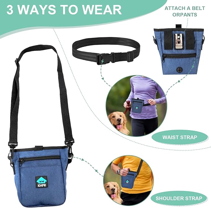 Dog Treat Pouch Magnetic Closure with Training Clicker，Hands-Free Design to Prevent Spills，Built in Poop Bag Dispenser，3 Ways To Wear，Metal Clip Waist Belt and Fanny Pack for Pet Walking（Blue）
