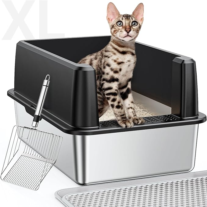 XL Stainless Steel Litter Box, Large Metal Cat Litter Box with High Sided for Big Cats, Enclosed Litter Boxes with Lid, Easy-Clean Cat Litter Mat & Scoop Kit, Anti-Urine Leakage (Black)