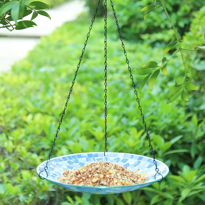 MUMTOP Mosaic Hanging Bird Bath-Bird Baths for Outdoors - 12 Inch Glass Birdbath Bird Water Bowl Bird Feeders for Outside, Garden, Lawn Yard Decor（Sunflower）