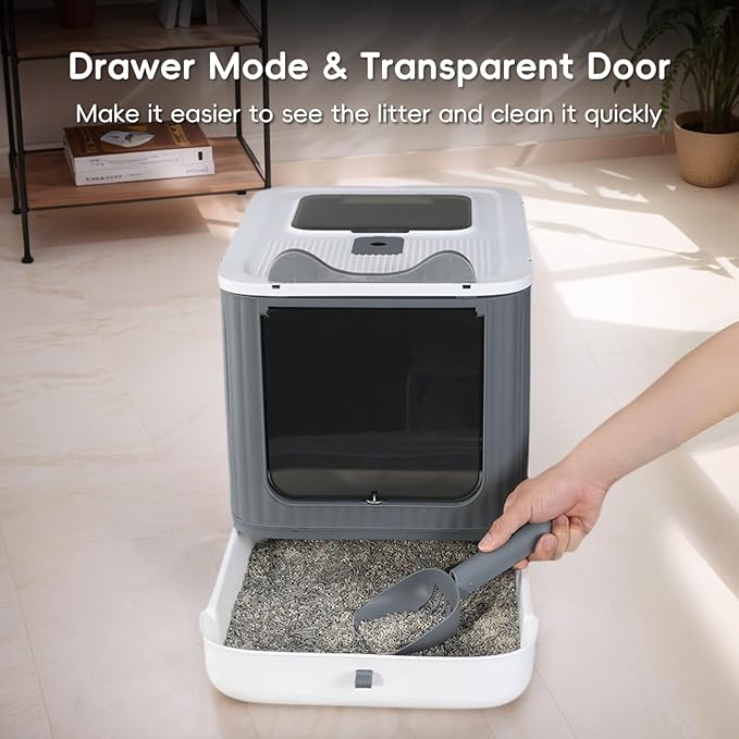 Foldable Cat Litter Box, Fully Enclosed Litter Box with Lid, Covered Kitty Kitten Litter Boxes Enclosure with Scoop, Odor Control, Easy to Clean, 3 Modes for Cat up to 12 lbs(White&Grey)