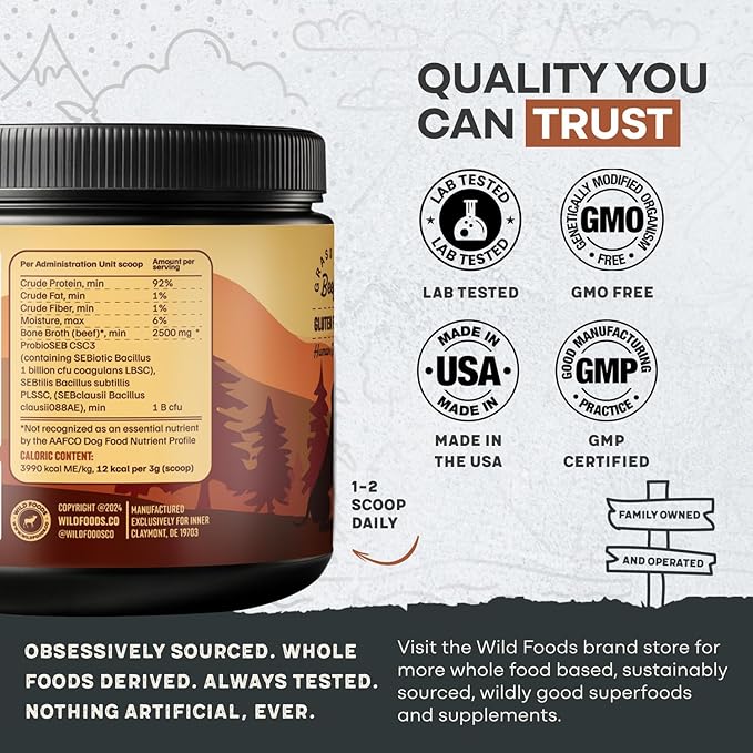 Wild Foods Dog Bone Broth Powder – 100% Natural & 16oz US Made Bone Broth for Dogs Support Digestion, Gut & Joint Health – Non Fillers Rich in Gelatin, Glutamine & Proline