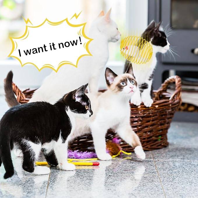 Jecery 5 Pcs Cat Spring Balls Stretchable Springs Toys Rolling Balls Colorful Playful Coils Interactive Spring Action Toy Caged Rats for Kitten Cat Pet Supplies Indoor (Yellow Mouse,Yellow)