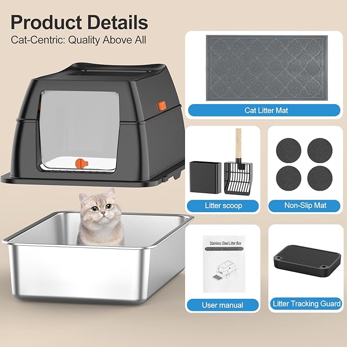Stainless Steel Litter Box with Lid,Front Entry Top Exit Kitty LitterBox,Extra Large Enclosed Metal Cat Box with Litter Scoop & Litter Mat-Black