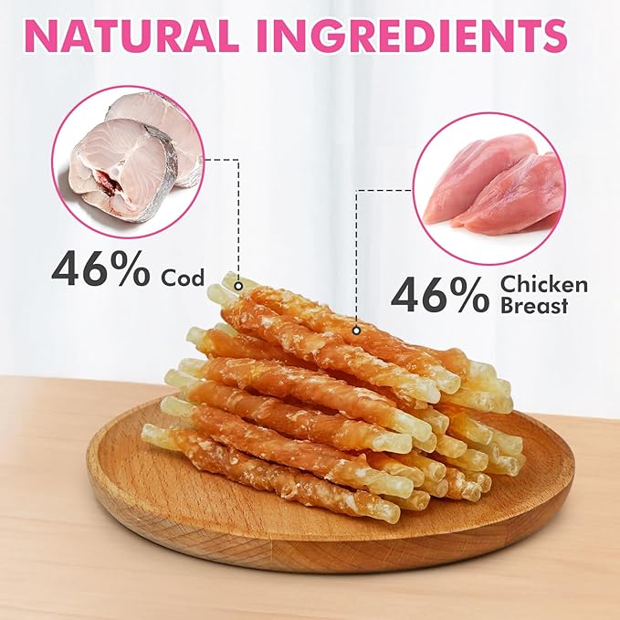 Dog Treats, Chicken Wrapped Cod Sticks, Rawhide Free Dog Chews, Healthy Soft Treats for Small Dogs, 8.82 oz