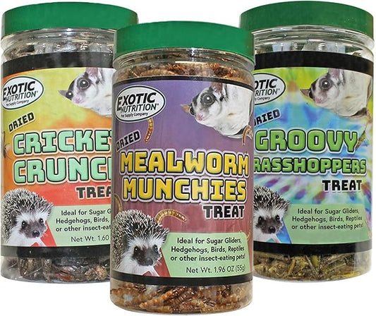 Exotic Nutrition Dried Insect 3 Pack - Crickets, Grasshoppers, Mealworms - for Sugar Gliders, Hedgehogs, Wild Birds, Chickens, Turtles, Tropical Fish, Reptiles