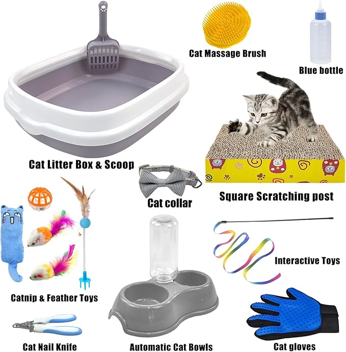 Kitten Starter Kit - 15 Piece Cat Essentials Set Includes Litter Box, Toys, Collars, Scratch Pad, Nail File, Automatic Feed Bowls, Grooming Gloves (Gray)