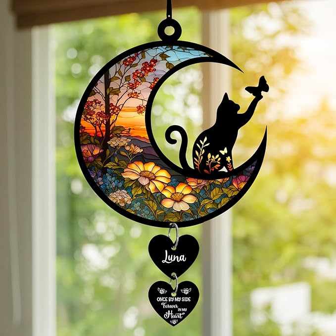 NAZENTI Personalized Cat Memorial Suncatcher, Sympathy Gift for Loss of Cat, Pet Remembrance Gift, Stained Glass Suncatcher, Custom Breed and Name, Pet Memorial Ornament Window Hanging