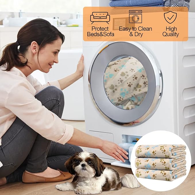 Rezutan Dog Blanket for Large Dogs, Upgraded 3 Pack Dog Cat Flannel Blankets Washable, Soft Pet Mat Throw Cover Suitable for Kennel Crate Bed, Cute Paw Pattern, Beige, 31" x 41"