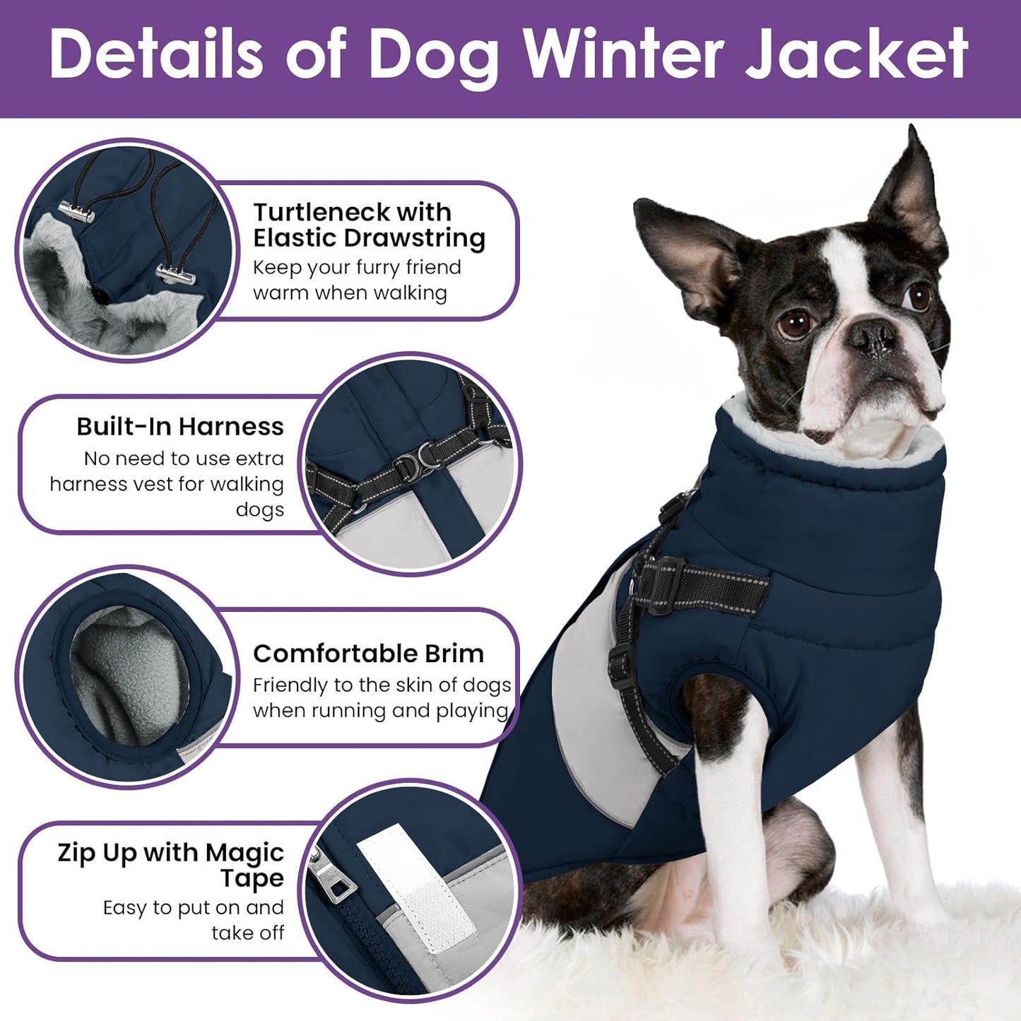SUNFURA Dog Coat, XXXL Dog Jacket Winter with Harness Built in, Waterproof Pet Snow Jacket with Furry Collar for Chilly Day, Reflective Fleece Snowsuit for Extra Large Dogs, Navy Blue 3XL