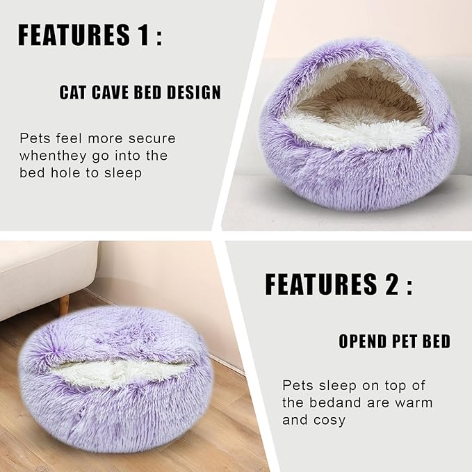 Cat Beds for Indoor Cats,Cat Cave for Puppy and Kitty,Calming Small Dog Bed for Small Dogs with Cover Cave,Cozy Warming Fluffy Washable Anti-Slip Pet Sleeping Bag(20 * 20inch,Purple)