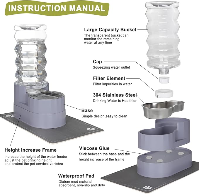 RIZZARI Large Water Dispenser for Dogs: 8L Gravity Gray Automatic Stainless Steel Waterer - 100% BPA Free - Raised Pet Feeder for 20-42 LB Senior Dogs with Joint Pain in Bedroom Garden