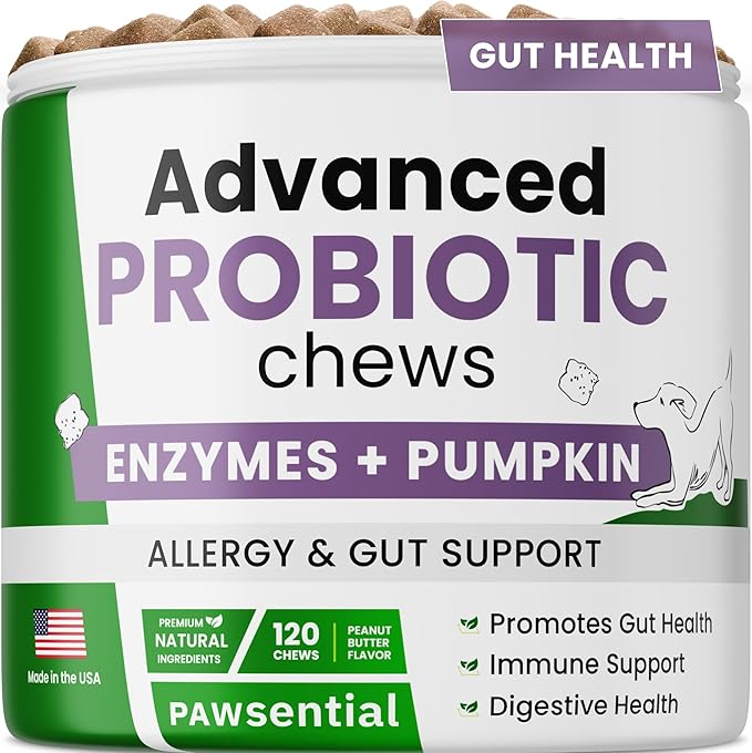 Advanced Probiotics for Dogs Digestive Health with Enzymes Fiber - Diarrhea Gas Upset Stomach Relief Treats - Seasonal Allergy Support - Dog Probiotics for Digestive Health - 120 Chews