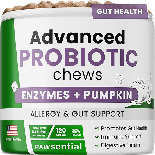 Advanced Probiotics for Dogs Digestive Health with Enzymes Fiber - Diarrhea Gas Upset Stomach Relief Treats - Seasonal Allergy Support - Dog Probiotics for Digestive Health - 120 Chews