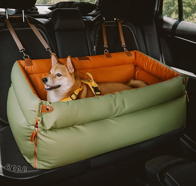FUNNYFUZZY Dog Car Seat for Small Dogs, Waterproof Dog Car Bed with Storage Pocket, Safety Clip-On Dogs Leash, Detachable Portable Pet Carseat (Green, 37.4 * 16.5 * 17.7 inches)
