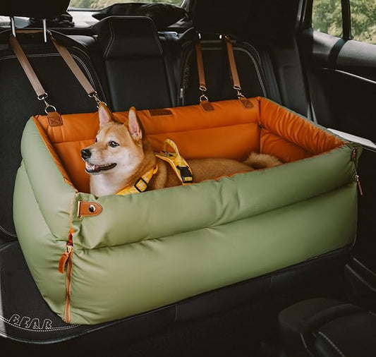 FUNNYFUZZY Dog Car Seat for Small Dogs, Waterproof Dog Car Bed with Storage Pocket, Safety Clip-On Dogs Leash, Detachable Portable Pet Carseat (Green, 37.4 * 16.5 * 17.7 inches)