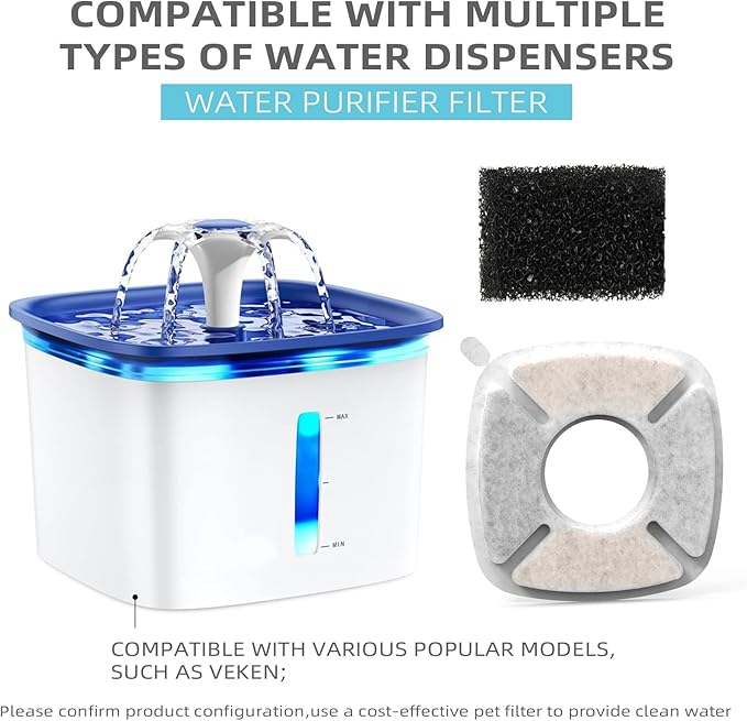 4 Pack Cat Water Fountain Filter Compatible with 67/95/135/85oz Automatic Pet Dispenser, Triple Filtration Dog Fountain Filter (4 Carbon Filters+4 Sponge Filters)