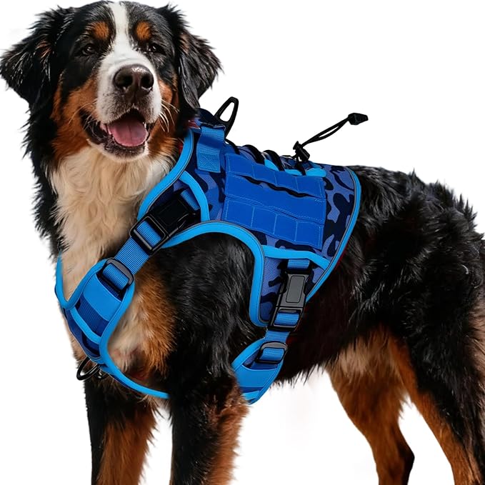 Heavy-Duty Tactical Dog Harness for Large Dogs, No Pull Adjustable Reflective Pet Vest with Molle System, K9 Military-Grade Control for Service Training, Outdoor & 10+ Breeds, Blue Camo, XX-Large