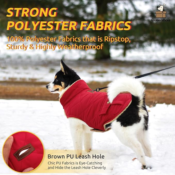 Queenmore Warm Dog Coat, Cold Weather Puffer Dog Jacket Ultra Thick Plush Lining with Storage Pockets (Red, Small)