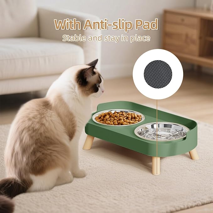 Elevated Cat Bowl, Raised Cat Food and Water Bowl Set for Indoor Cats, Splash Proof with 2 Stainless Steel Pet Food Bowls for Cats and Puppies, Whisker Fatigue and Dishwasher Safe - Green