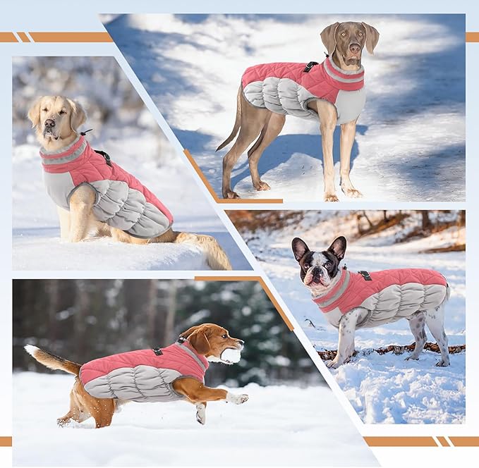 Winter Dog Coat,Large Dog Jacket,Waterproof Pet Jacket with Back Zipper,Pet Coat with Harness Built in,Warm Dogs Coat with Fleece Lined,Snow Jacket Clothes French Bulldog Shiba Inu,Pink,L