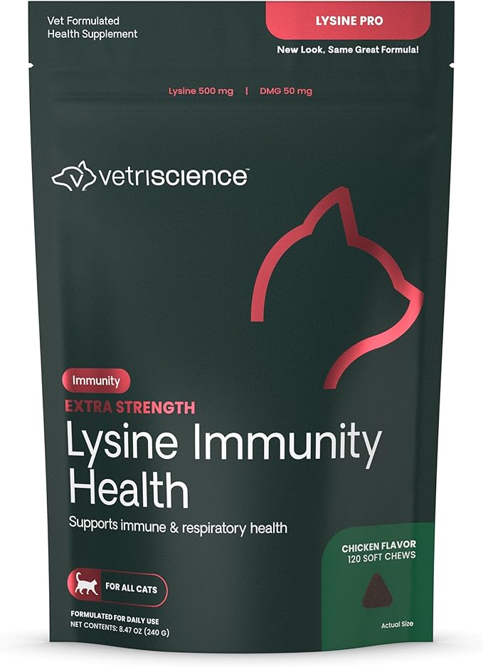 VetriScience Extra Strength Lysine Immunity Health Chews - Immunity Supplement for Cats of All Ages - Supports Immune Function, Eye Health & Cardiovascular Function - 120 Count